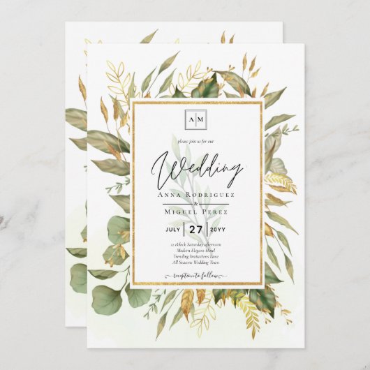 Elegant All-in-1 Greenery Gold Leaves Wedding Kaart (Voorkant / Achterkant)