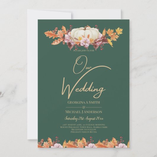 ELEGANT All-in-1 Herfst Pumpkin Green Gold Wedding Kaart (Voorkant)