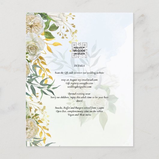 Elegant All-in-1 White Roses Botanical Wedding Flyer (Achterkant)