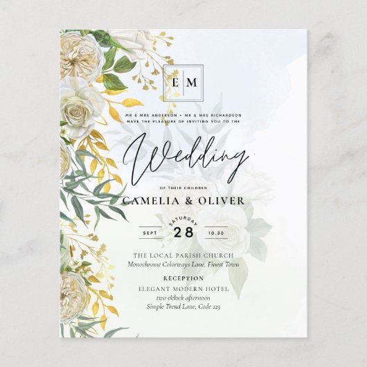 Elegant All-in-1 White Roses Botanical Wedding Flyer (Voorkant)