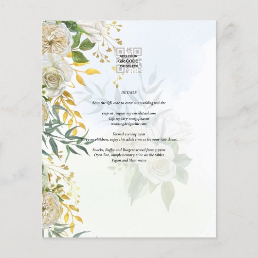 Elegant All-in-1 White Roses Botanical Wedding Flyer (Achterkant)