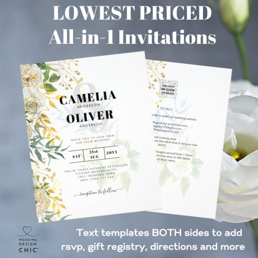 Elegant All-in-1 White Roses Botanical Wedding Flyer