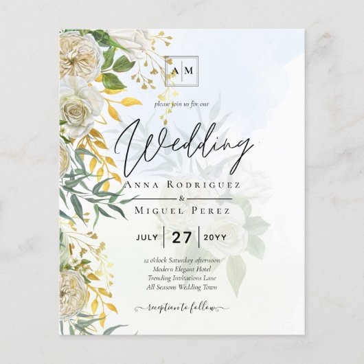 Elegant All-in-1 White Roses Botanical Wedding Flyer (Voorkant)