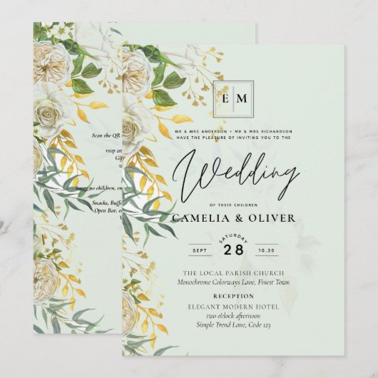 Elegant All-in-1 White Roses Botanical Wedding Inv Kaart (Voorkant / Achterkant)