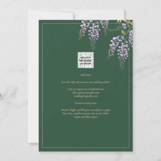 ELEGANT All-in-1 Wisteria Floral Green Gold Weddin Kaart (Achterkant)