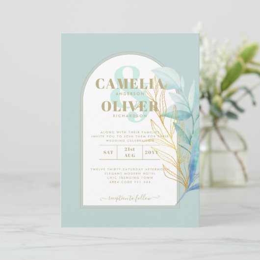 ELEGANT All-in-1 Zee Glass Gold Leaf Sage Wedding Kaart (Staand voorkant)