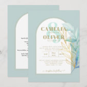 ELEGANT All-in-1 Zee Glass Gold Leaf Sage Wedding Kaart (Voorkant / Achterkant)