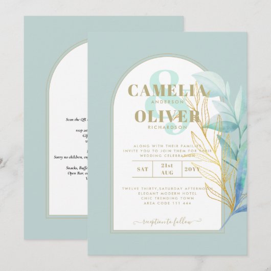 ELEGANT All-in-1 Zee Glass Gold Leaf Sage Wedding Kaart (Voorkant / Achterkant)