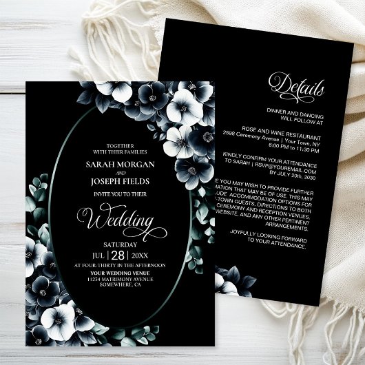 Elegant All in One Black and White Floral Wedding Kaart