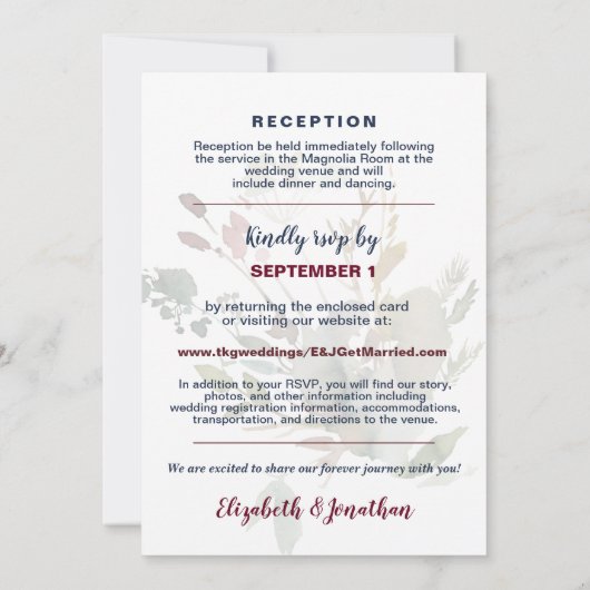 Elegant all in one Bourgogne Navy Roos Gold Wedden Kaart (Achterkant)