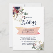 Elegant all in one Bourgogne Navy Roos Gold Wedden Kaart (Voorkant)