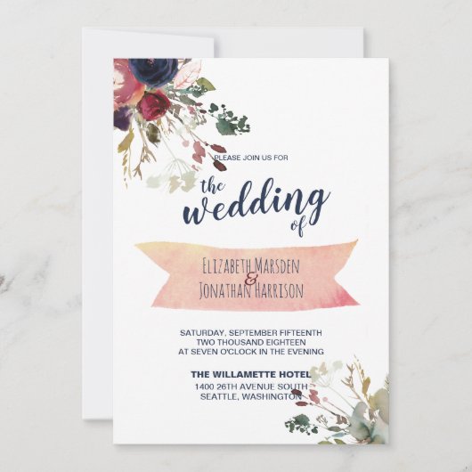 Elegant all in one Bourgogne Navy Roos Gold Wedden Kaart (Voorkant)