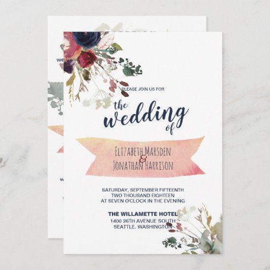 Elegant all in one Bourgogne Navy Roos Gold Wedden Kaart (Voorkant / Achterkant)