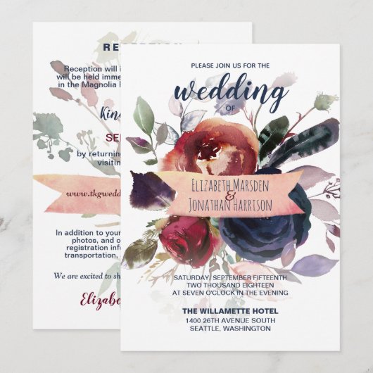 Elegant all in one Bourgogne Navy Roos Gold Wedden Kaart (Voorkant / Achterkant)