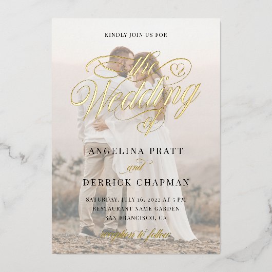 Elegant All in One Custom Photo Calligraphy Gold Folie Uitnodiging (Voorkant)