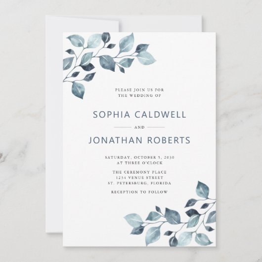 Elegant All in One Dusty Blue Eucalyptus Wedding Kaart (Voorkant)