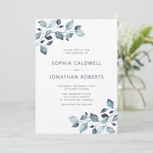 Elegant All in One Dusty Blue Eucalyptus Wedding Kaart (Staand voorkant)