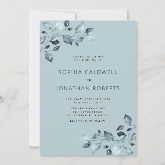 Elegant All in One Dusty Blue Eucalyptus Wedding Kaart (Voorkant)