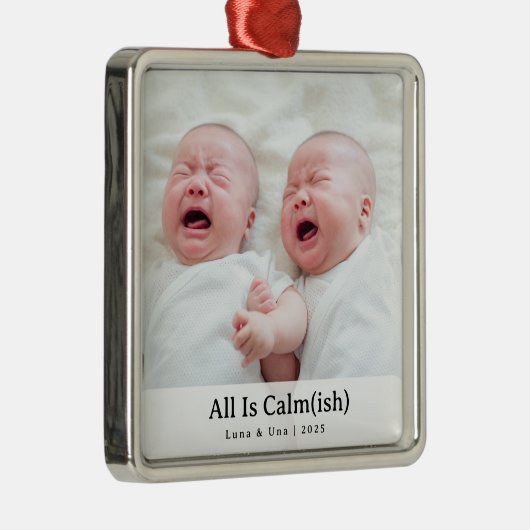 Elegant "All Is Calm(ish)" Sibling Photo Christmas Metalen Ornament (Rechts)