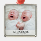 Elegant "All Is Calm(ish)" Sibling Photo Christmas Metalen Ornament (Voorkant)
