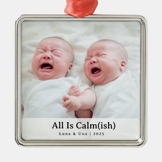 Elegant "All Is Calm(ish)" Sibling Photo Christmas Metalen Ornament (Voorkant)