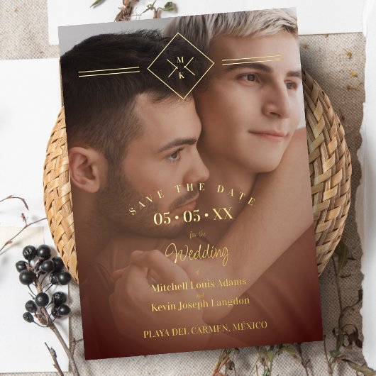 Elegant All Wedding Brown Golden Initialen Foto Folie Uitnodiging