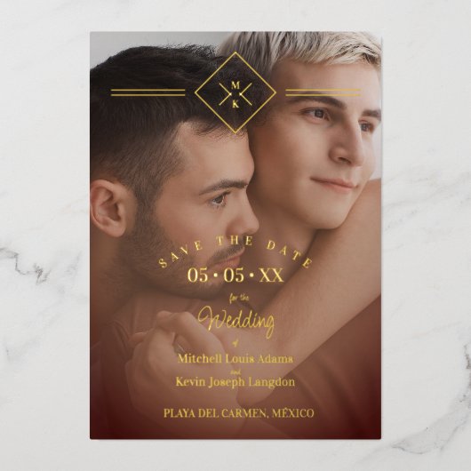 Elegant All Wedding Brown Golden Initialen Foto Folie Uitnodiging (Voorkant)