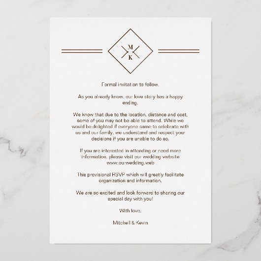 Elegant All Wedding Brown Golden Initialen Foto Folie Uitnodiging (Achterkant)