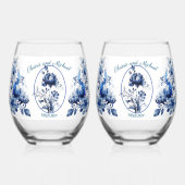 Elegant Alle Blauwe Chrysanten Bruiloft Wijnglas Zonder Voet (Achterkant)