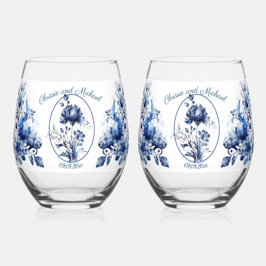 Elegant Alle Blauwe Chrysanten Bruiloft Wijnglas Zonder Voet (Voorkant)