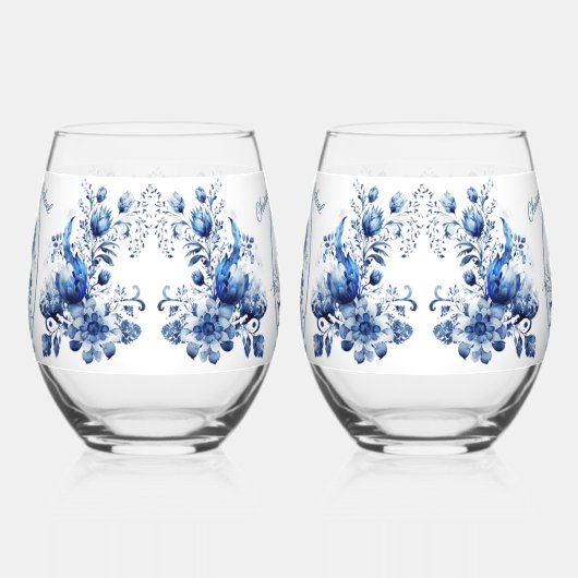 Elegant Alle Blauwe Chrysanten Bruiloft Wijnglas Zonder Voet (Rechts)