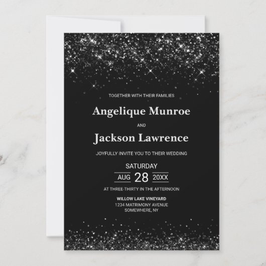 Elegant alles in één zwart glitter bruiloft kaart (Voorkant)