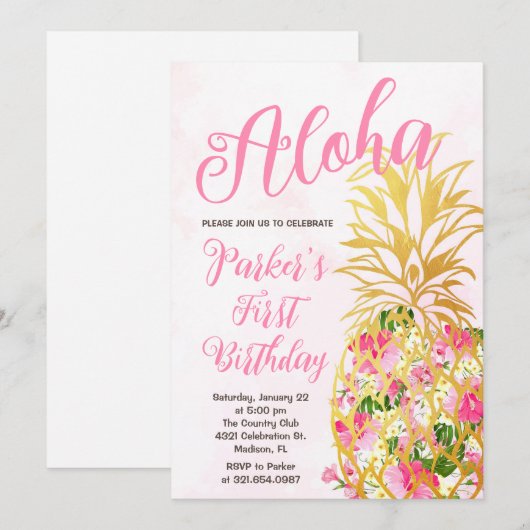 Elegant Aloha Pineapple eerste verjaardagsfeestje Kaart (Voorkant / Achterkant)