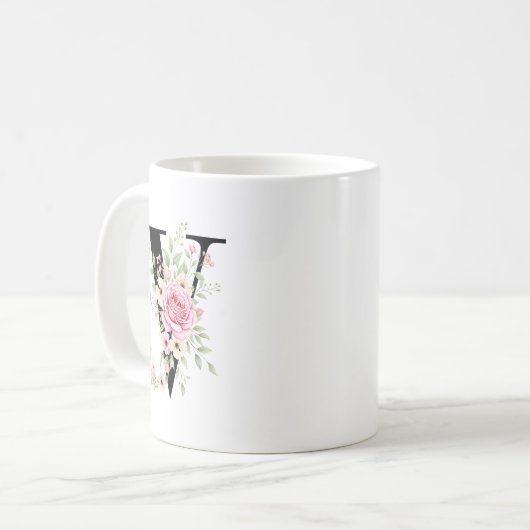 Elegant Alphabet Coffee Cup with Pink Rose Design Koffiemok (Voorkant links)