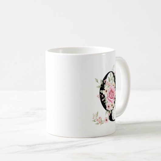 Elegant Alphabet Coffee Cup with Pink Rose Design Koffiemok (Voorkant rechts)