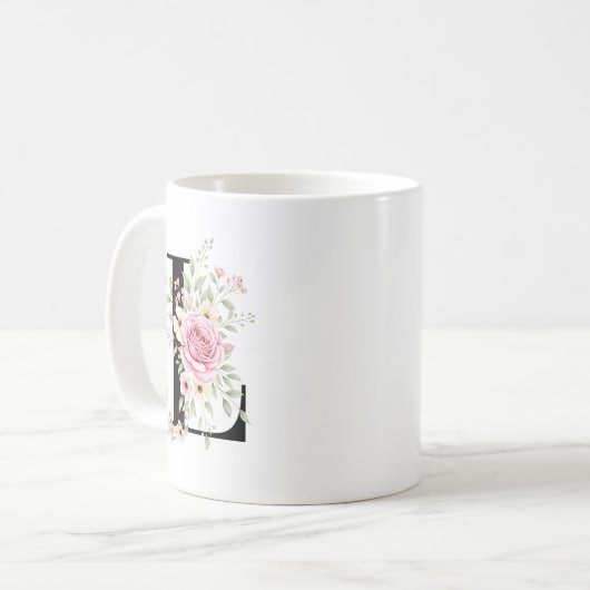 Elegant Alphabet Coffee Cup with Pink Rose Design Koffiemok (Voorkant links)