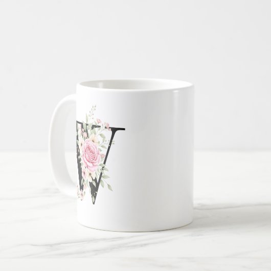 Elegant Alphabet Coffee Cup with Pink Rose Design Koffiemok (Voorkant links)