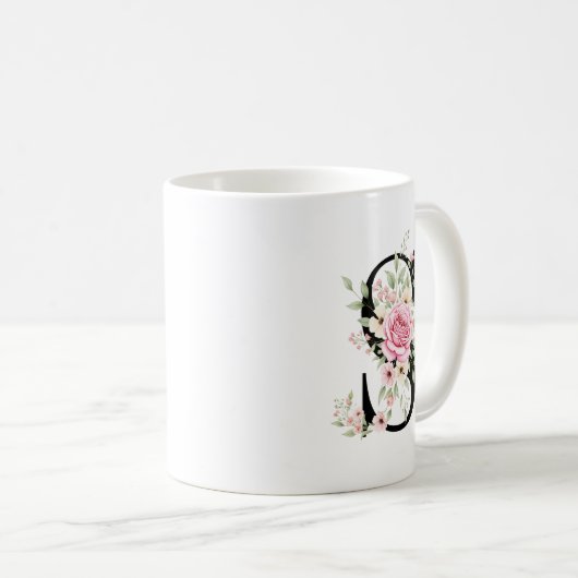 Elegant Alphabet Coffee Cup with Pink Rose Design Koffiemok (Voorkant rechts)