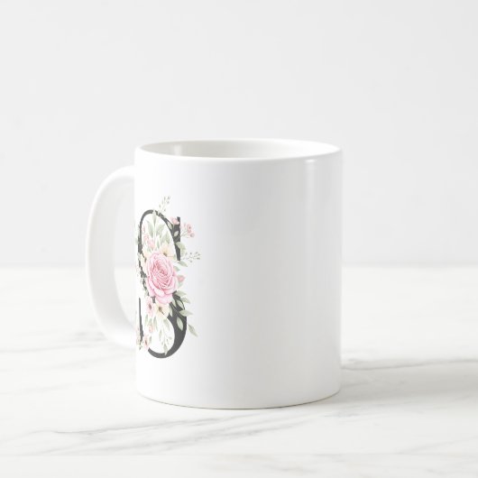 Elegant Alphabet Coffee Cup with Pink Rose Design Koffiemok (Voorkant links)