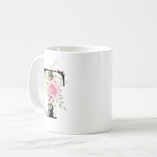 Elegant Alphabet Coffee Cup with Pink Rose Design Koffiemok (Voorkant links)