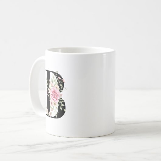Elegant Alphabet Coffee Cup with Pink Rose Design Koffiemok (Voorkant links)