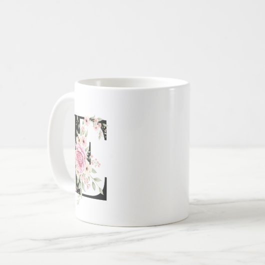 Elegant Alphabet Coffee Cup with Pink Rose Design Koffiemok (Voorkant links)