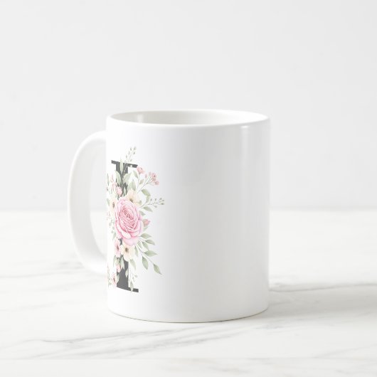 Elegant Alphabet Coffee Cup with Pink Rose Design Koffiemok (Voorkant links)