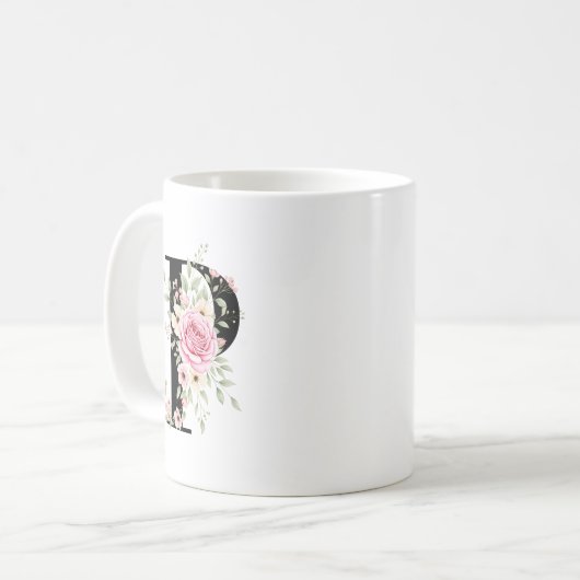 Elegant Alphabet Coffee Cup with Pink Rose Design Koffiemok (Voorkant links)