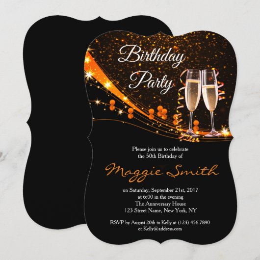 Elegant Amber Champagne Verjaardagsfeest Uitnodige Kaart (Voorkant / Achterkant)