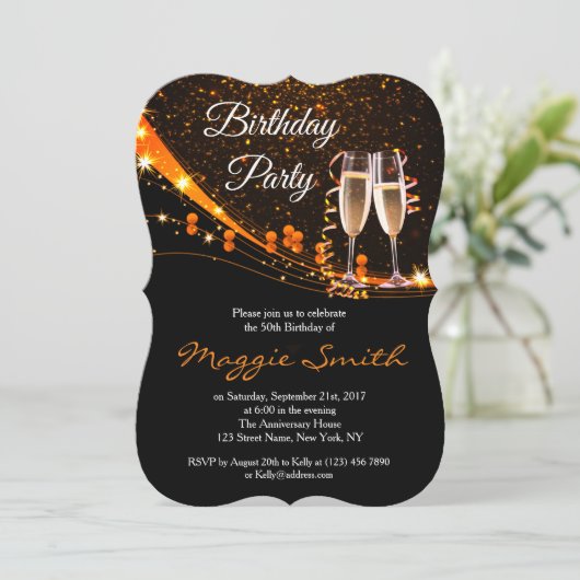 Elegant Amber Champagne Verjaardagsfeest Uitnodige Kaart (Staand voorkant)