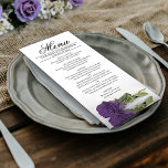 Elegant Amethyst Paars Roos Reflectie Wedding Menu<br><div class="desc">Dit prachtige menu zal wat stijl aan uw trouwreceptie toevoegen. Het is voorzien van een prachtig en romantisch ontwerp met één enkel amethyst paars gekleurd roos dat aan zijn kant reflecteert in een pool van water met golven en rimpels. Er is ruimte voor de namen van het paar en de...</div>
