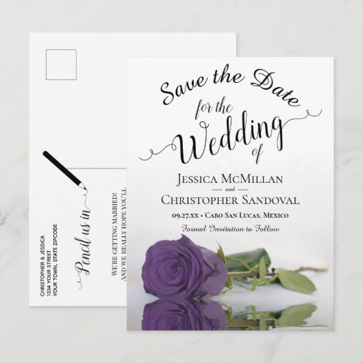 Elegant Amethyst Paarse Roos Wedding Save the Date Aankondigingskaart (Voorkant / Achterkant)