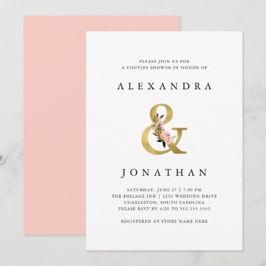 Elegant Ampersand | Goud en Blush Couples Douche Kaart (Voorkant / Achterkant)