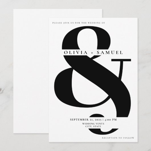 Elegant Ampersand Minimalistisch zwart wit bruilof Kaart (Voorkant / Achterkant)